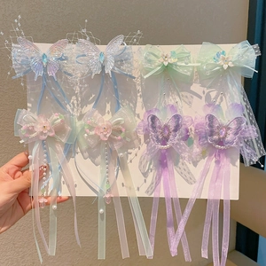 Traditional butterfly flower hair clips for girls with embroidery and long tassels for Hanfu