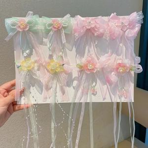 Ancient Chinese Style Kids Hair Clips With Long Tassel Faux Artificial Pearl Embroidery Butterfly Flower Performance Hair Accessories
