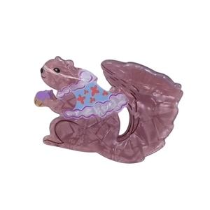 Cute squirrel hair claw clip in marble textured purple acetate with blue dress pattern