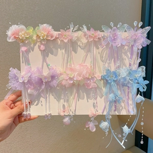 Chinese style hair clips for girls with embroidered butterflies and long tassels