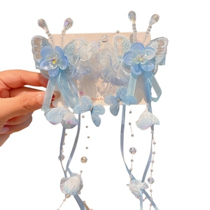 Traditional Hanfu light blue butterfly hair clips with embroidery and long bead tassels