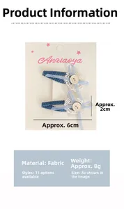 Détail des barrettes en denim bleu avec dentelle et bouton, taille 6cm par 2cm et 8g