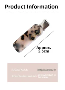 Detail showing acetate hair clip in tortoiseshell pattern measuring 5.5cm in length