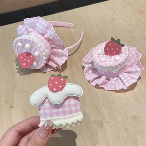 Set cerchietto e fermagli per capelli a quadretti rosa con torta di fragole stile Lolita