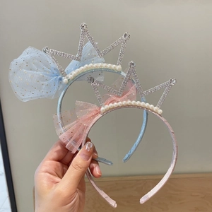 Elegant kids princess crown headbands with lace bows and rhinestones in pink and blue