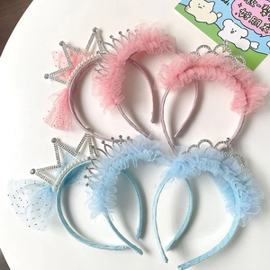 Kids Princess Crown Headband Rhinestone Faux Artificial Pearl Lace Bow Soft Fabric Hair Band For Girls Birthday Party Accessories