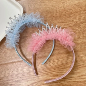 Elegant princess crown headbands with pink and blue lace and rhinestones for girls
