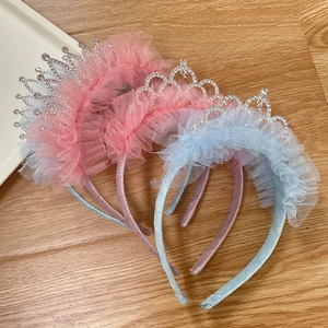 Detailed view of handmade lace crown headbands with glittery rhinestones for girls