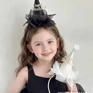 Diadema de cumpleaños infantil con velo de encaje y sombrero de purpurina Happy Birthday