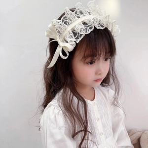 Diadema de encaje estilo Lolita para niñas con lazo blanco crema y perlas finas