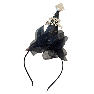 Elegante diadema de cumpleaños negra con flores de tul sombrero dorado y perlas
