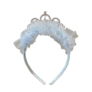 Blue princess crown headband for girls with lace ruffles and sparkling rhinestones