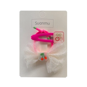 Cute cherry hair clip and glittery mesh bow hair tie set for girls on display card