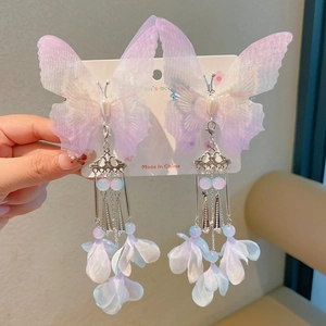 Eleganti fermagli a farfalla viola per bambine con petali di seta e lunghe nappe