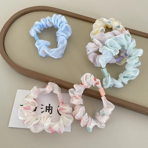 Five-piece set of sweet satin scrunchies with colorful polka dots and decorative beads