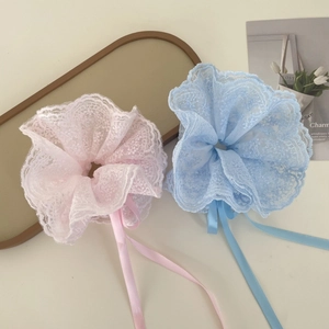 Lace drawstring hair scrunchies set with long ribbons in soft pink and blue colors
