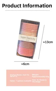 Detail of 10 candy-colored elastic hair ties in transparent box with super elasticity sleeve