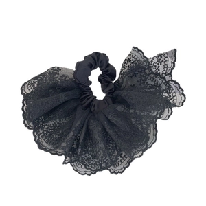 Elegant black lace hair scrunchie with floral embroidery for ballet style hair buns