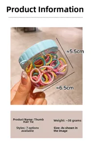 Colorful elastic hair ties for kids in a transparent jar with size dimensions