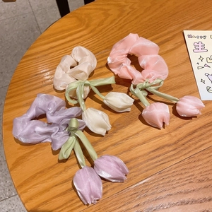 Chouchous de Fleurs de Tulipe Doux pour Femmes Enfants Élastiques à Cheveux Avec Nœud en Satin Organza Accessoires Cheveux Floraux