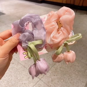 Lot de chouchous tulipes en organza avec rubans en coloris violet et rose pastel