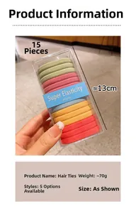 Detailed view of 15 high-elastic seamless hair ties in five colors within a clear box