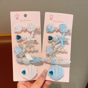 Coffret de pinces à cheveux sirène avec coquillages, étoiles de mer et perles bleu et blanc