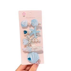 Set de barrettes océan avec coquillage étoile de mer et perle pour filles en bleu