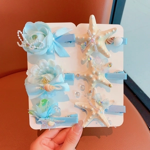 Haarklammer Set Ozean-Thema mit blauen Blumen, Seesternen und Perlen für Mädchen