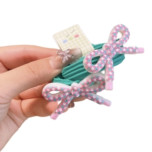Pastel checkered bow hair tie with high elastic green rope for girls and women