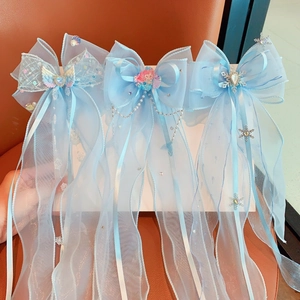 Girls Dreamy Blue Bow Hair Clips With Artificial Pearl Tassel Mermaid Snowflake Fairy Hair Accessories For Kids Party Gifts Satin Decoration