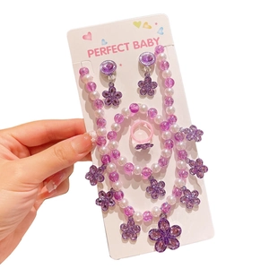 Girl's jewelry set with purple flower pendant necklace, bracelet, earrings and ring