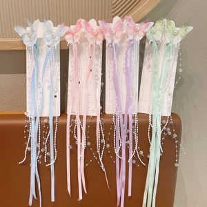 Hanfu Schmetterling Haarreif Set mit langen Seidenquasten und bunten Pastellflügeln