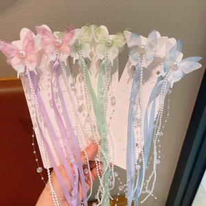 Hanfu Schmetterling Haarreif mit langen Quasten und Perlen in Rosa, Grün und Blau für Mädchen