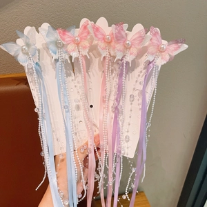 Hanfu Schmetterling Haarspangen mit langen bunten Seidenbändern und Perlen für Mädchen
