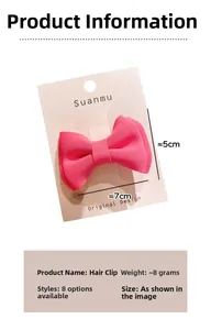 Detailed view of handmade pink fabric bow hair clip with size 7cm x 5cm on display card