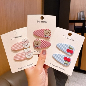 Cute Plaid Children Hair Clip Korean Sweet Cherry Bear Girl BB Clip Cloth Handmade Embroidery Girl Hair Accessories