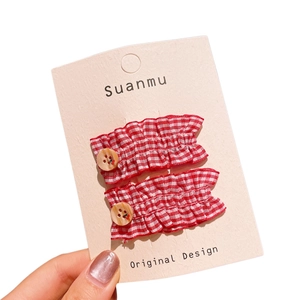 Cute red checkered hair clip set with cherry wooden button for girls on display card