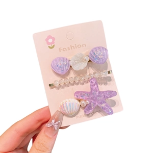 Dreiteiliges Set Ozean-Haarspangen mit Seestern, Muschel und violettem Glitzer-Effekt