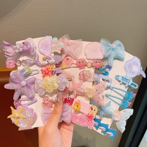 Cute Ocean Theme Kids Hair Clip Set Resin Starfish Shell Mermaid Tail Barrettes Mesh Bow Imitation Artificial Pearl Girls Hairpins