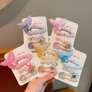 Mermaid Tail Hair Clips Shell Artificial Pearl Sequin Heart Hairpins For Little Girls Cute Cartoon Fish Tail Side Clips Accessories