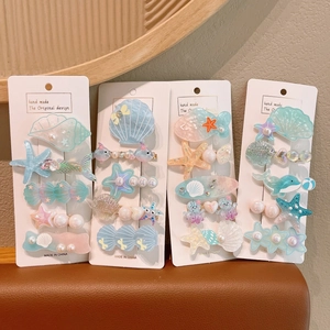 Mermaid ocean theme hair clips set with shell and starfish for little girls