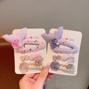 Mermaid theme children hair clip set with pink fish tail seashell and pearls