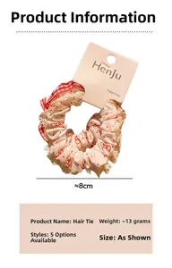 Detail view of red floral and plaid scrunchie with lace trim on white card