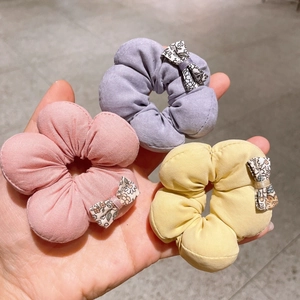 Floral scrunchies set with sweet cotton bow ties in pink, purple, and yellow colors