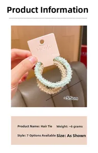 Detail showing mint green and beige pleated plush hair scrunchies with 5.5cm size mark