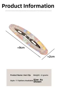 Détail d'une pince à cheveux irisée de 9cm avec spécifications de taille et de poids