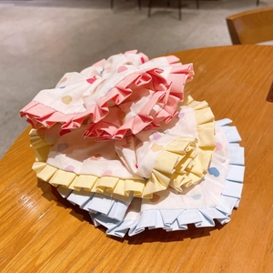 Set of three colorful heart pattern scrunchies with double-layered ruffle edges in sweet style