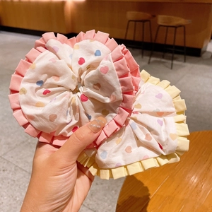 Colorful heart print oversized scrunchies with pleated lace edges for girls' hairstyles