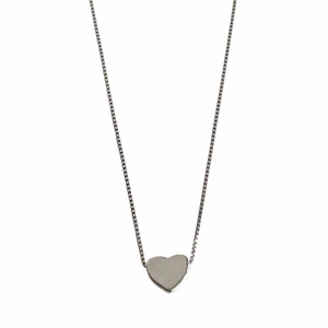 Minimalist silver heart pendant necklace with polished box chain on a white background
